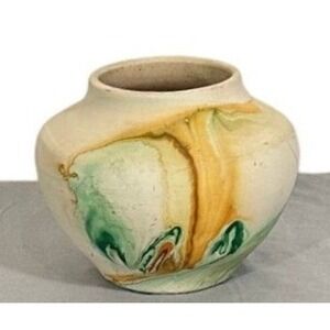 Vintage Nemadji USA Pottery Swirl Glaze Native American Earth Tones Green Gold